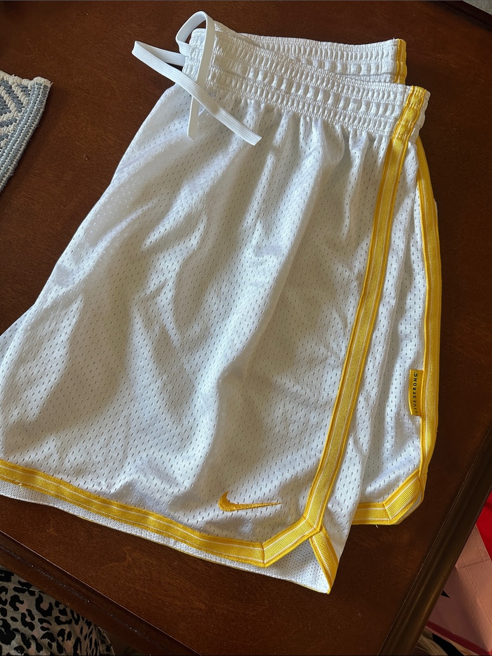 Nike White Mesh Athletic Shorts with Yellow Trim